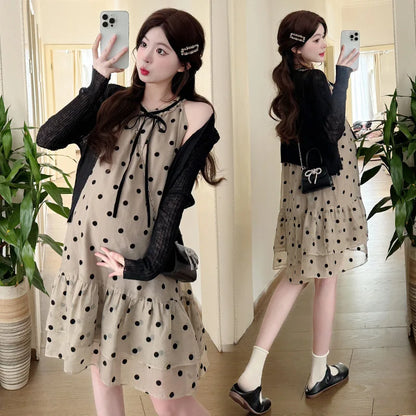 Pregnant Women's Clothing 2025 Summer New Style Reduced Age French Polka Dot Dress Two-piece Set