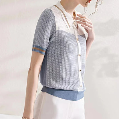 Ropa De Mujer 2024 Summer Casual Tees Patchwork Knitted Tops Women Turn Down Collar Loose T Shirt Female Short Sleeve Tshirts