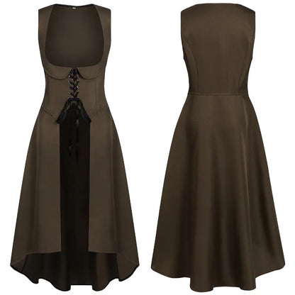 Women Renaissance Dress Peasant Pirate Medieval Tight Waist Apron High Low Dress