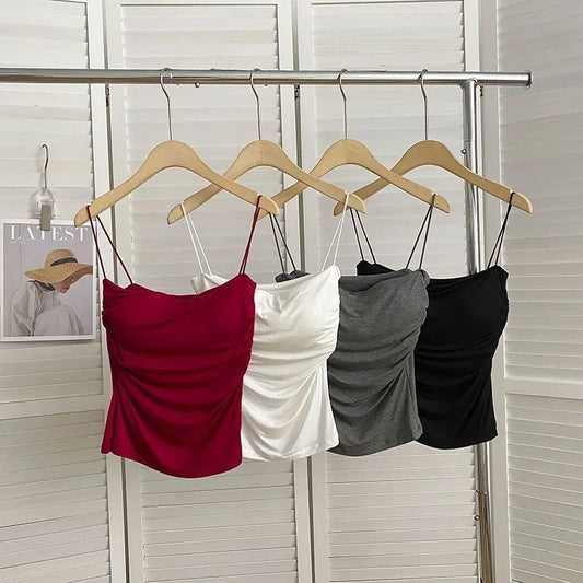 Women Sexy Ruched Camisole Top with Built-in Bra Solid Color Spaghetti Sweet and Spicy Sleeveless Outerwear Vest