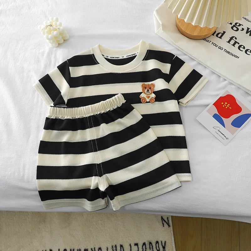 Children's Clothes Short-sleeved Suit Striped Top+shorts 2-piece T-shirt Summer Baby Clothes Children Clothing Boys Girls