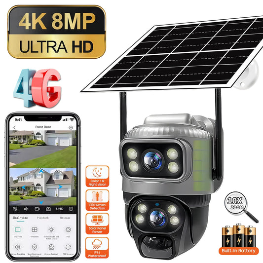 Solar 4G Camera PIR Human Detection CCTV Night Vision Waterproof Security Video IP Camara 8MP 4K Battery V380 Dual Lens Monitor