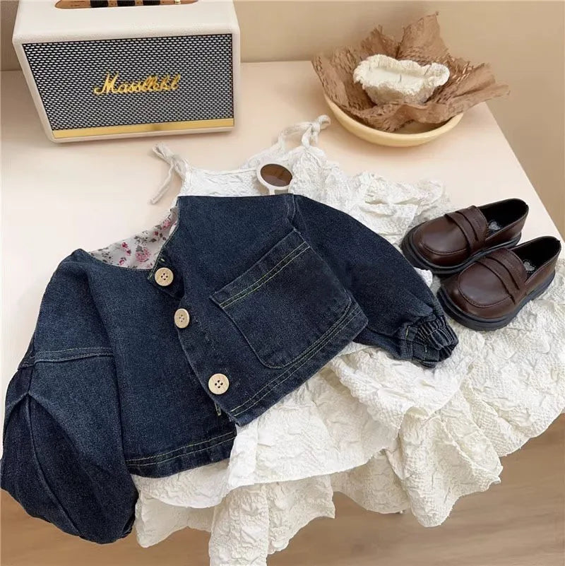Korean Children's Clothing 2024 Spring and Autumn New Set Children Suspender Cake Skirt Denim Jacket Two-piece Set