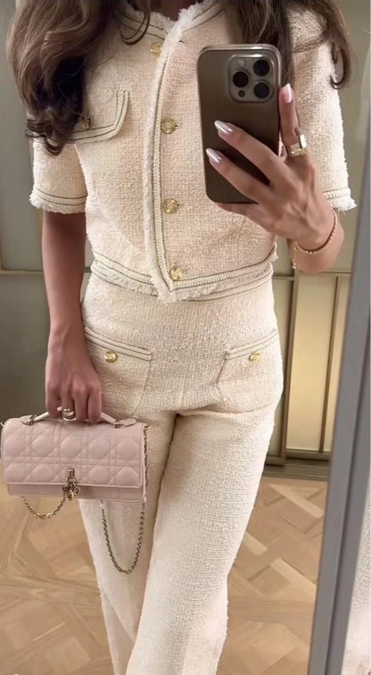 2025 Women's two-piece trouser suits with short sleeves, short jackets or slim-fitting elegant trousers