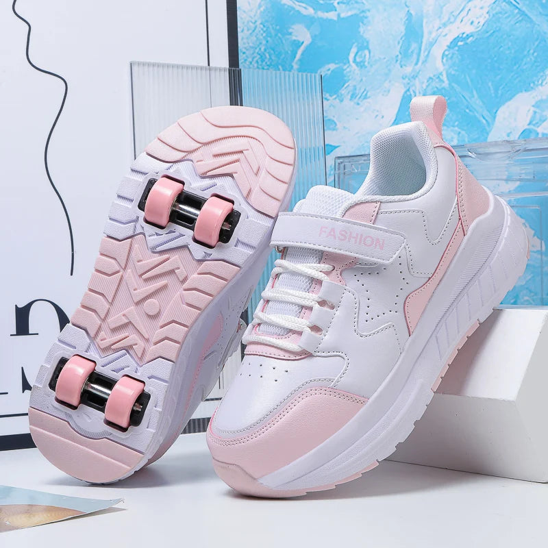 Kids Roller Skate Shoes with Wheels Fashion Casual Sports Children 4-Wheels Speed Sneakers for Boys and Girls Gift Nice Footwear