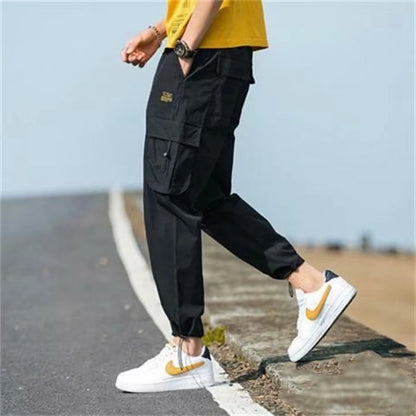 Men's Cargo Pants Casual Hip Hop Hit Color Multiple Pockets Trousers Streetwear Ribbons Techwear Sweatpants Boys