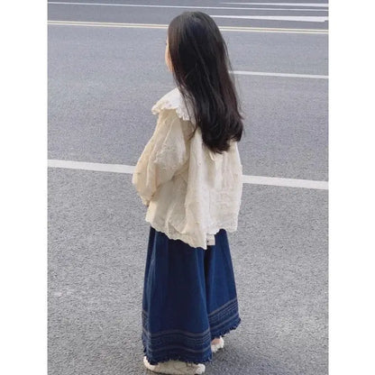 Children's clothing 2025 new spring outfit girls' set children's embroidered doll collar long sleeved shirt denim wide leg pants