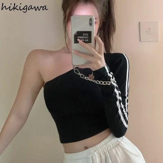 2025 Ropa Mujer Sexy Tshirts Women Off Shoulder Long Sleeve Tunic Black Tees Chic Casual T Shirt Summer Harajuku Y2k Crop Tops
