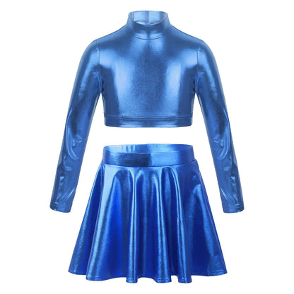 Children Clothing Girl Metallic Sleeveless Tops Flared Pleated A-Line Mini Short Skirt Kids Outfits 2pcs Clothes Set Dance Wear